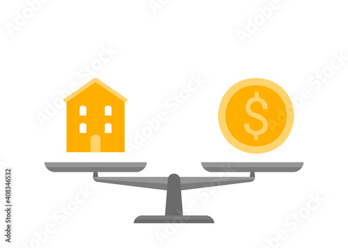 Scales in balance house and gold money icon. Building home and dollar coin sign in comparison, choise. Weights with house and money coin. Real estate sale. Libra measure value. Vector illustration