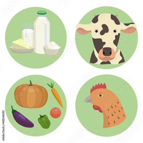 A set of farm products and animals. Suitable as icons for a website or packing of products