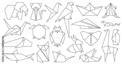 Origami line animals. Paper geometric graphic logo and icon bird, fox, crane, mouse, shark and elephant. Outline abstract animal vector set. Illustration origami hobby, chinese fox and shark paper