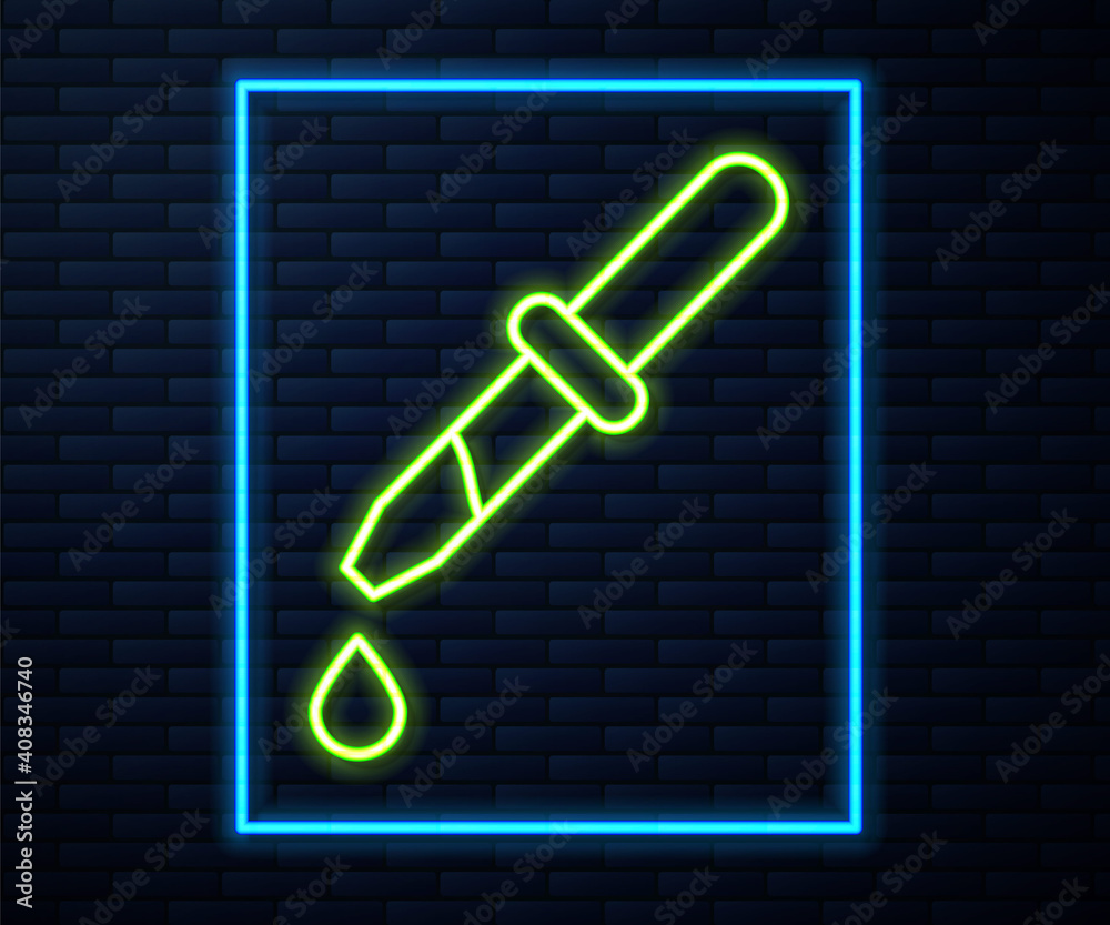 Glowing neon line Pipette icon isolated on brick wall background. Element of medical, chemistry lab equipment. Pipette with drop. Medicine symbol. Vector. Glowing neon line Pipette icon isolated on brick wall background. Element of medical, chemistry lab equipment. Pipette with drop. Medicine symbol. Vector.