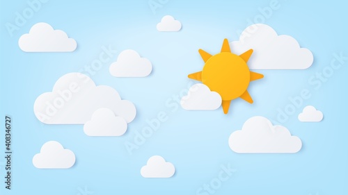Paper sun and clouds. Summer sunny day, blue sky with white cloud. Nature cloudy scene in paper cut style. Good weather wallpaper vector art. Sun and cloudscape, cloud origami illustration