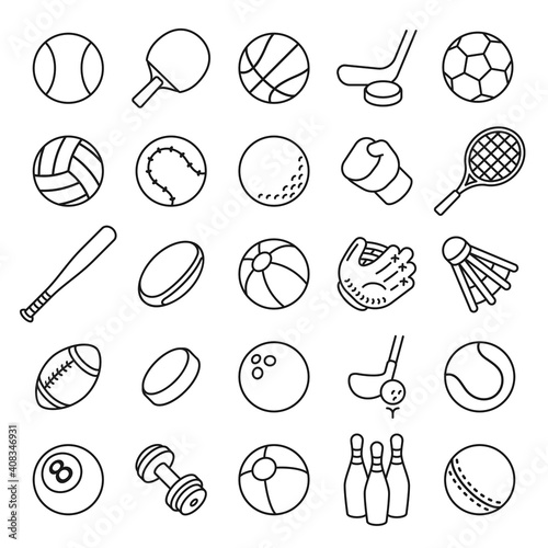 Ball sports line icons. Outline equipment for football  tennis  badminton and soccer  baseball and boxing. Thin linear game vector set. Ball football  sport game   handball and volleyball illustration