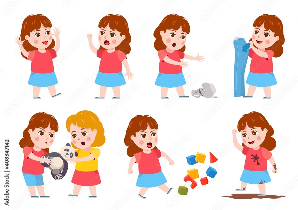 Girl bad behavior. Cartoon bully child cry, angry, fight, mocking and make mess. Sisters fighting over toy. Naughty kid character vector set. Angry behavior girl, kids fight illustration Girl bad behavior. Cartoon bully child cry, angry, fight, mocking and make mess. Sisters fighting over toy. Naughty kid character vector set. Angry behavior girl, kids fight illustration