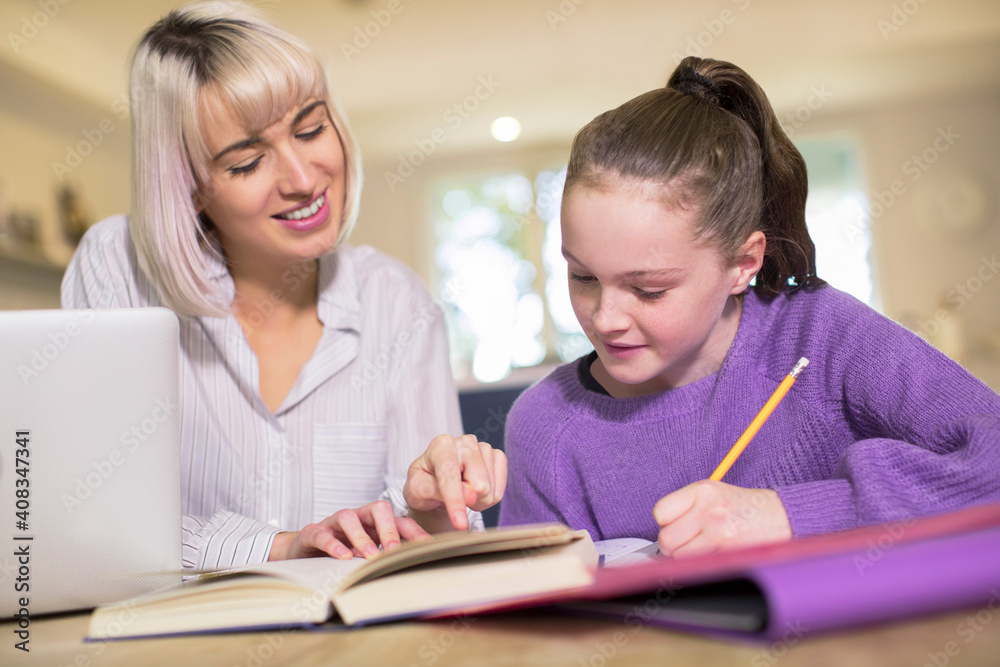 Female Home Tutor Helping Young Girl With Studies Or Home Schooling Female Home Tutor Helping Young Girl With Studies Or Home Schooling