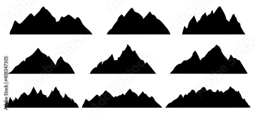 Mountain silhouette. Rocky range landscape shape. Hiking mountains peaks, hills and cliffs. Climbing stone mount abstract contour vector set. Illustration mountain silhouette shape, rocky cliff