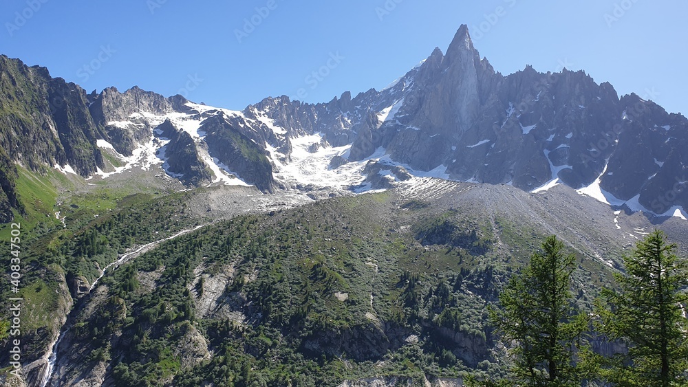 view around mer de glace chamonix showing the snow capped mountains