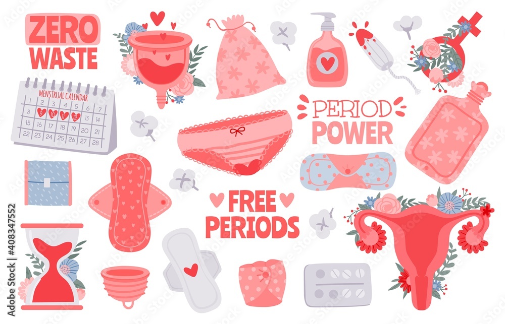 Vecteur Stock Menstruation hygiene. Female period products - tampon, pads,  menstrual cup. Zero waste for woman critical days vector set. Menstruation  female period, feminine menstrual care illustration | Adobe Stock