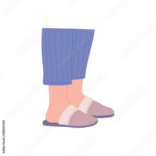 Human legs in slippers and pajama flat vector illustration isolated on white.