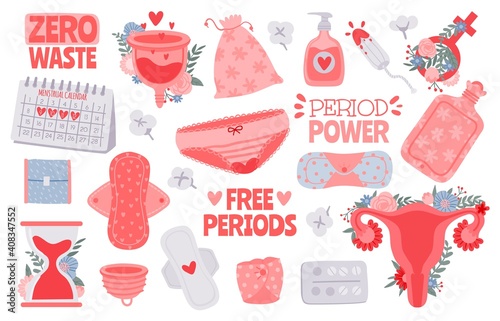 Menstruation hygiene. Female period products - tampon, pads, menstrual cup. Zero waste for woman critical days vector set. Menstruation female period, feminine menstrual care illustration photo