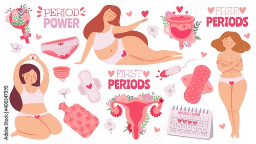 Female menstruation. Women with period and hygiene product tampon, sanitary pads and menstrual cup. Cartoon womb, vector set. Menstruation first period, menstrual accessory tampon illustration photo