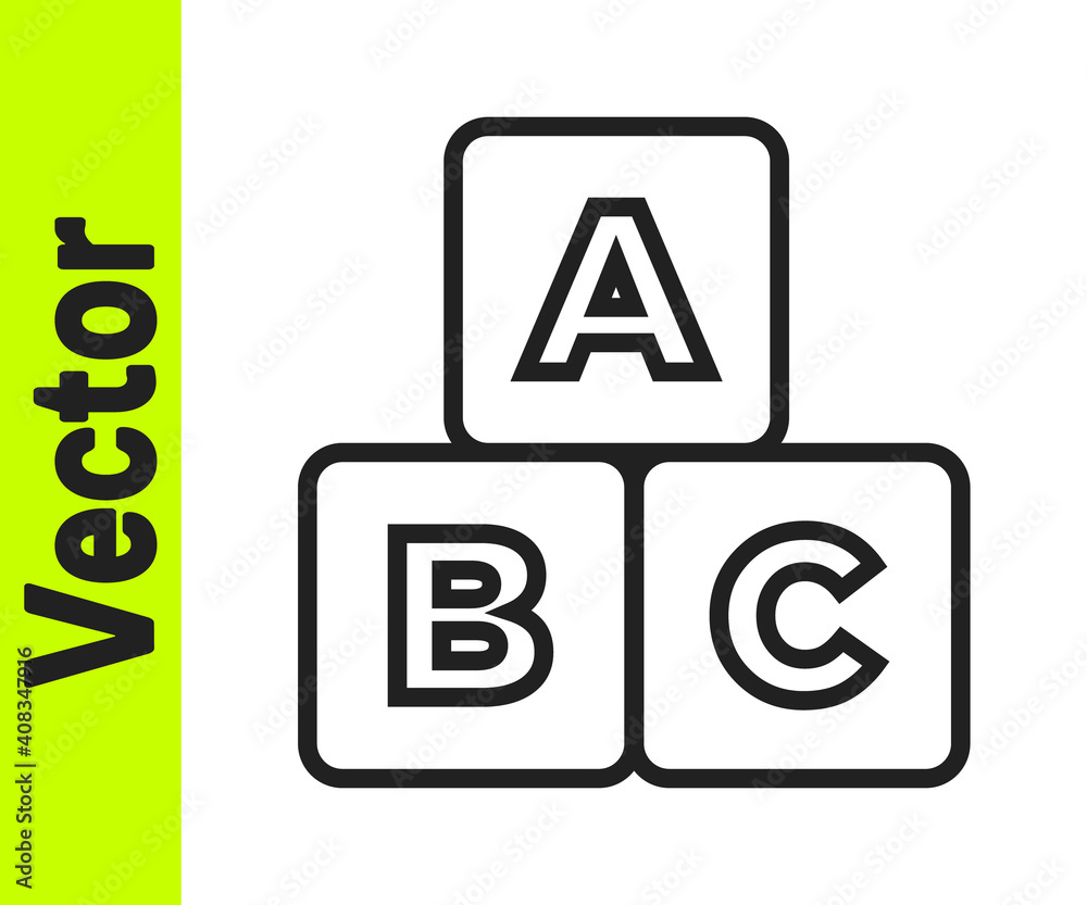 Black line ABC blocks icon isolated on white background. Alphabet cubes with letters A,B,C. Vector.