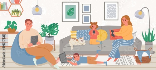 Family with gadgets. Parents and kids at home using smartphone, tablet and laptop for social media and game. Gadget addiction vector concept. Illustration family home together with phone