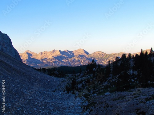 Scenic view of mountains in Julian alps and Triglav national park in Gorenjska, Slovenia at dawn