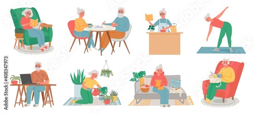 Old people home hobby. Senior men, women and couple work on computer, read, fitness, cook, plant care and knite. Elderly in house vector set. Illustration old elderly grandmother and senior pensioner