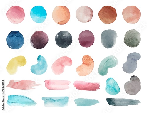 Watercolor shapes. Minimalist geometric paint splash, stain and brush stroke. Colorful blobs with realistic vector set. Watercolor minimalist trendy, contemporary decorative abstract illustration