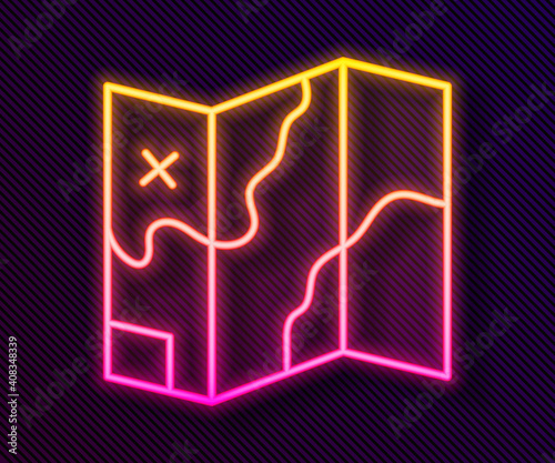 Glowing neon line Folded map icon isolated on black background. Vector.