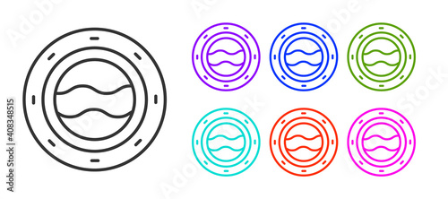 Black line Ship porthole with rivets and seascape outside icon isolated on white background. Set icons colorful. Vector.