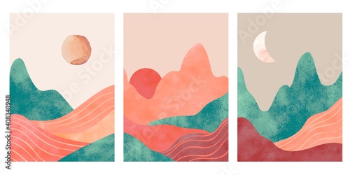 Abstract mountains. Aesthetic minimalist landscape with desert, mountain an sun or moon. Watercolor and paper textured print, vector posters. Illustration mountain landscape, travel art minimal scene