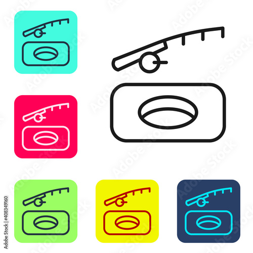 Black line Winter fishing icon isolated on white background. Set icons in color square buttons. Vector.
