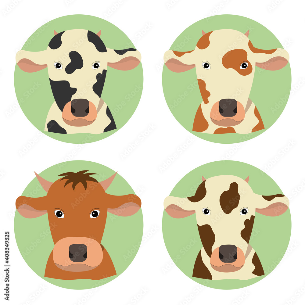 Illustrations of different cows and bull. Vector icons for the website, or as an emblem of meat products Illustrations of different cows and bull. Vector icons for the website, or as an emblem of meat products