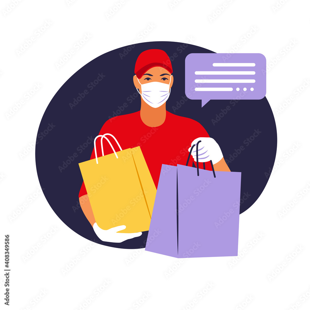 Delivery of goods during the prevention of coronovirus, Covid-19. Courier in a face mask with a box in his hands. Portrait from the waist up. Vector flat illustration. Delivery of goods during the prevention of coronovirus, Covid-19. Courier in a face mask with a box in his hands. Portrait from the waist up. Vector flat illustration.