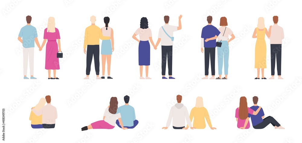 Couple back view. Couples hugging, standing and sitting together, holding hands. Man and woman on date. Young people relationship vector set. Illustration couple young standing back together Couple back view. Couples hugging, standing and sitting together, holding hands. Man and woman on date. Young people relationship vector set. Illustration couple young standing back together