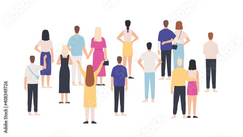 Crowd standing back view. Group of people from behind. Men and women meeting and looking. Gathering public, team or audience vector concept. Crowd woman and man, back illustration