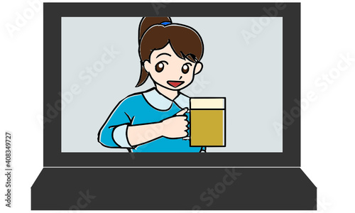 オンライン飲み会　女性　青服