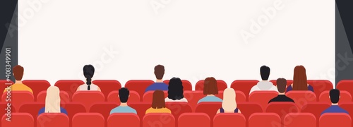People in cinema from back. Movie theater audience watching film. Men and women public looking at screen in hall with chairs, vector concept. Woman and man, entertainment cinema illustration