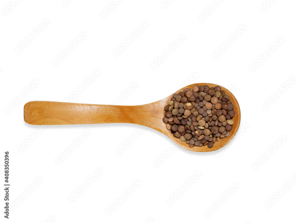 Top view wooden spoon with lentil isolated on a white background. Kitchen utensil and cooking ingredients template. Top view wooden spoon with lentil isolated on a white background. Kitchen utensil and cooking ingredients template.