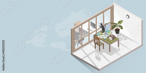 Work from home concept is presented in isometric style of home office and cat plays with reflection in mirror The other side of the glass is office that has to be temporarily closed to reduce virus