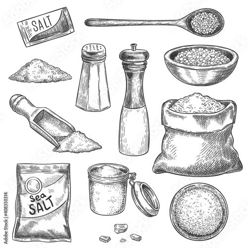 Sea salt. Sketch vintage hand mill with spice and seasoning. Engraved jar, spoon and bags with organic salt crystals for cooking, vector set. Sea salt sketch, spoon kitchen to cook illustration