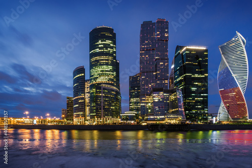 Sunset view of skyscrapers buildings of business complex Moscow City  Moscow  Russia.