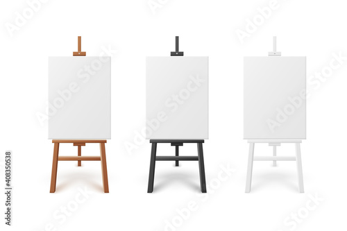 Set canvas on differently painted easels, realistic vector illustration isolated.