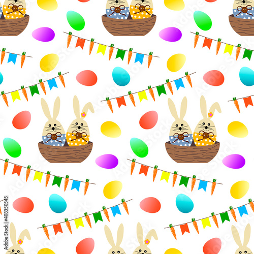 Pattern with Easter bunnies, holiday flags, carrots and eggs. Vector illustration isolated on white background. Design for packaging goods and gifts, fabrics and decor.