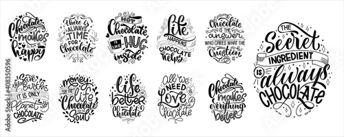 Chocolate hand lettering quotes set. Warm winter word composition. Vector design elements for t-shirts, bags, posters, cards, stickers and menu
