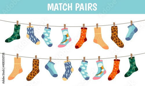Matching socks game. Puzzle find pair. Preschool children educational worksheet activity. Socks on laundry rope. Match sock patterns vector. Game matching sock, match different illustration