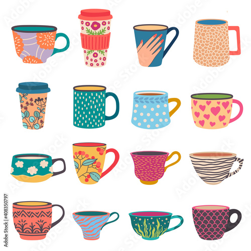 Trendy cups. Coffee and tea mugs in scandinavian style. Side view paper go-cup with modern flower patterns. Colorful porcelain vector set. Illustration drink mug, cup coffee tea
