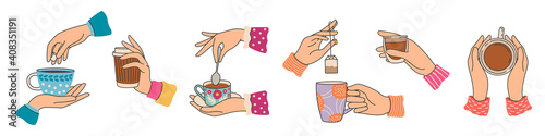 Hands holding tea cups. Elegant woman hand with mug with coffee or cacao, brew tea bag. Breakfast hot drinks and beverage, trendy vector set. Illustration tea drink and mug coffee
