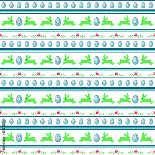 Pattern with green Easter bunnies, eggs and flowers.. Vector illustration with stripes on a white background. Easter design for packaging goods and gifts, fabrics and decor.