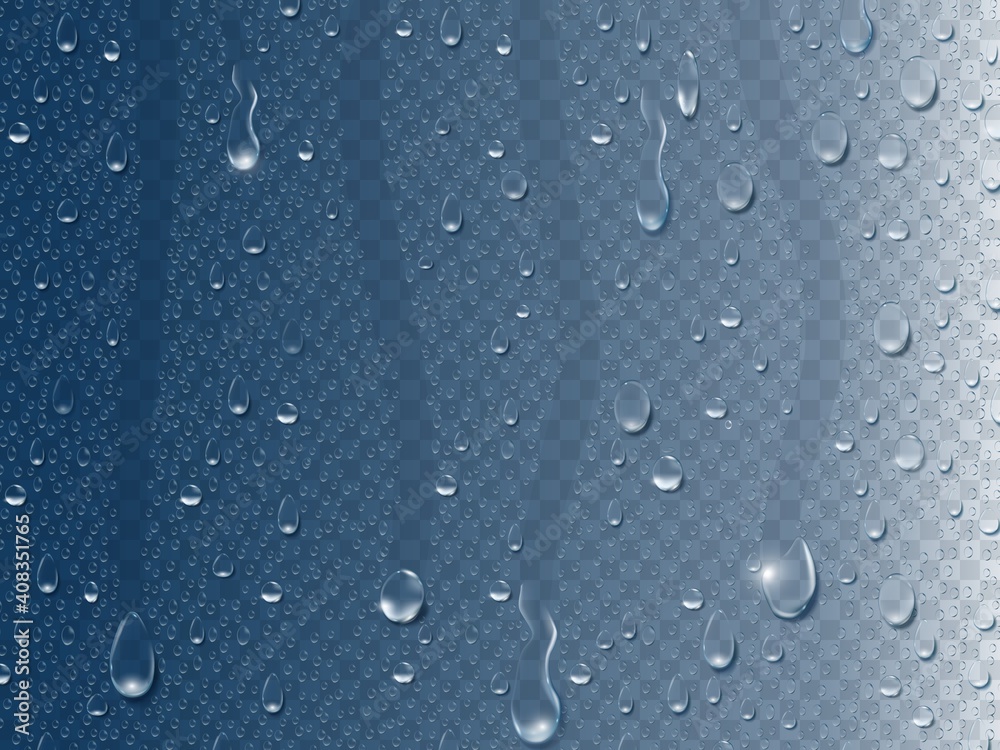 Rain drops on window. Realistic 3d condensation water drop and vapor bubble on glass surface. Pure liquid droplet vector transparent concept. Glass condensation, bubble wet on surface illustration