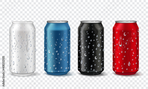 Metal cans with drops. Realistic aluminium can mockup in white, red, blue and black color. Soda or beer package with condensation vector set. Illustration blank aluminum bank, metal package beer color photo