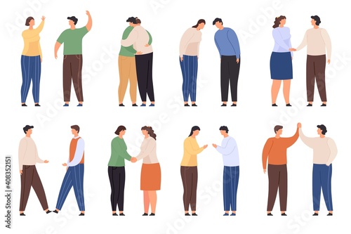 Characters with greeting gestures. People greet with waving, handshake, hug and high five. Flat man and woman bow. Polite welcome vector set. Illustration character person handshake greeting
