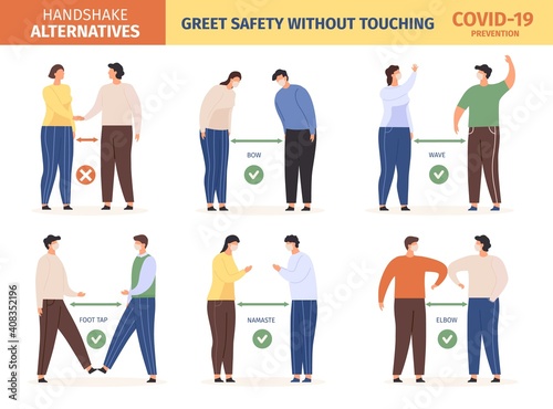 Safe greeting. People in mask keep social distance and use alternative greet, stop spread coronavirus. Avoid handshake vector infographic. Illustration social distancing and social greeting protection