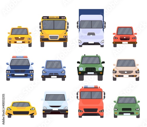 Cars front view. Flat urban vehicles taxi, police, delivery service, school bus, van, truck and sport vehicle. Cartoon car model vector set. Car taxi, urban automobile, motor sedan illustration