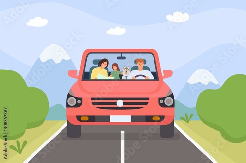 Family in car. Parents, kid and pet on weekend holiday road trip. Minivan with people. Cartoon adventure travel in mountain, vector concept. Illustration outdoors vacation trip, drive family