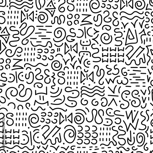 Seamless Doodle pattern. Abstract signs and elements  ancient writing. Hand drawn background. monochrome