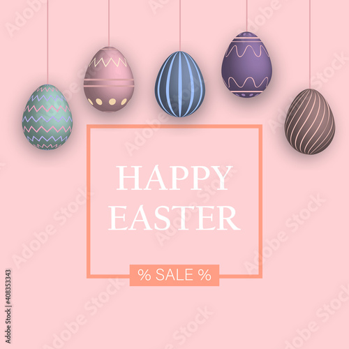 Easter sale banner. Happy easter background template with beautiful colorful eggs. Advertising banner for online shop, social media, flyer. Vector illustration