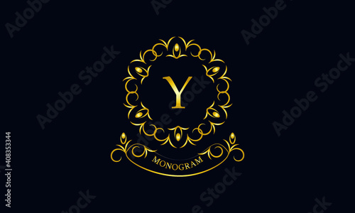 Stylish decorative monogram with a possible inscription and the letter Y. Exclusive gold logo on a dark background for a cafe, a symbol of business, restaurant, hotel, invitations, menus, labels, fash