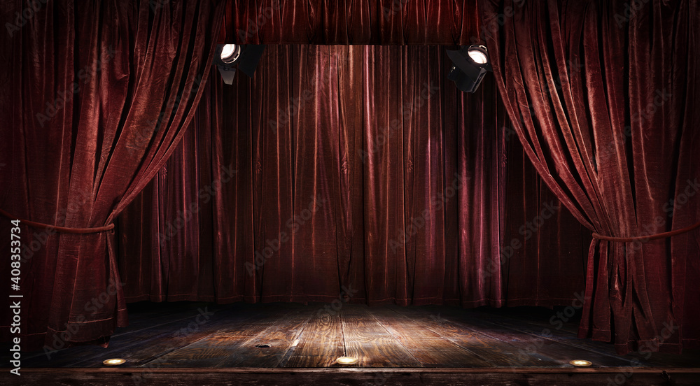Magic theater stage red curtains Show Spotlight. - obrazy, fototapety, plakaty 